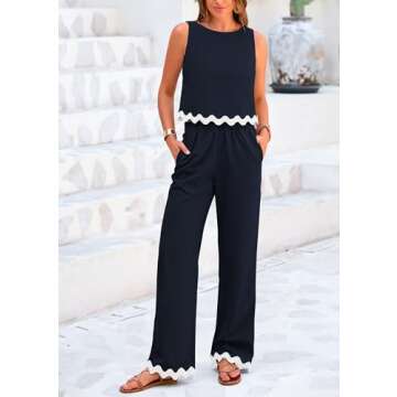 PRETTYGARDEN Women's Summer Casual 2 Piece Outfits Sleeveless Tank Crop Top Wide Leg Pants Sets Tracksuit (Navy,X-Large)