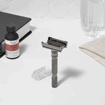 Rockwell Razors T2 Gunmetal Chrome Safety Razor for Men and Women with Infinite Shaving Settings, 25 Fully Recyclable Blades and Travel Leather Bag