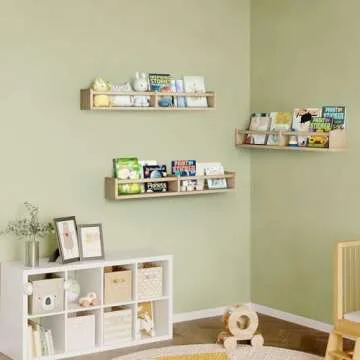 Fixwal Nursery Bookshelves, 32in Floating Bookshelves for Wall Set of 3, Wood Wall Mounted Floating Shelves for Baby Nursery Decor and Toys Storage (Natural Wood)
