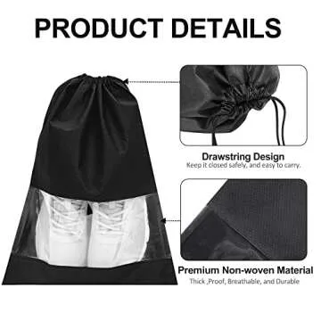 YAMIU 12PCS Shoe Bags for Travel - Large Dustproof Drawstring Shoes Pouch Packing Organizers for Men & Women, Black