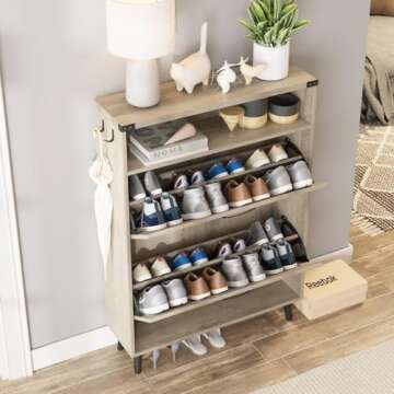Halitaa Shoe Cabinet with 2 Flip Drawers,Shoe Storage Cabinet for Entryway,Freestanding Shoe Cabinet Organizer with Open Storage,Narrow Farmhouse Shoe Rack with Legs,Grey