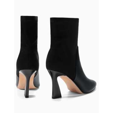 Women's Pointed Toe High Heel Ankle Boots Patent Faux Leather Suede Splicing Slip On Fashion Booties Black Size 9