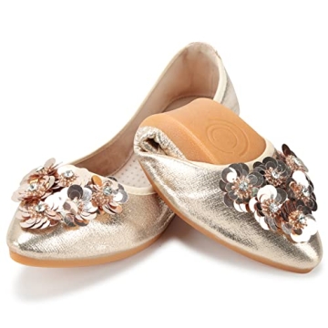 KUNWFNIX Women's Sparkly Ballet Flats - Foldable Low Heels for Comfort