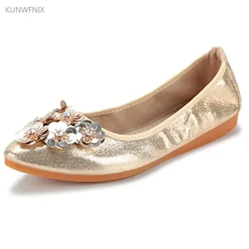 KUNWFNIX Women's Sparkly Ballet Flats - Foldable Comfort