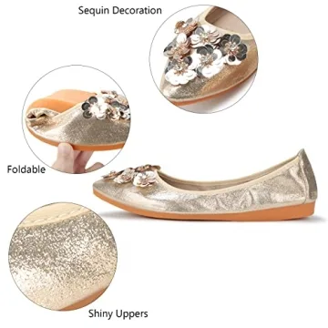 KUNWFNIX Women's Sparkly Ballet Flats - Foldable Comfort