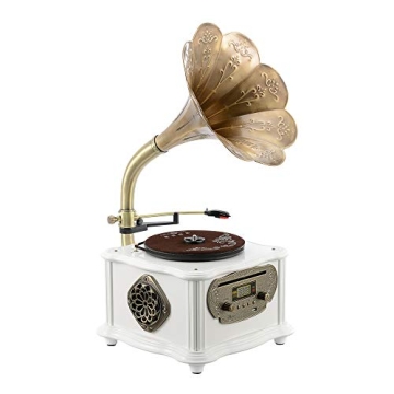 White Vintage Classic Retro Phonograph Turntable with Bluetooth 4.2 and CD Player