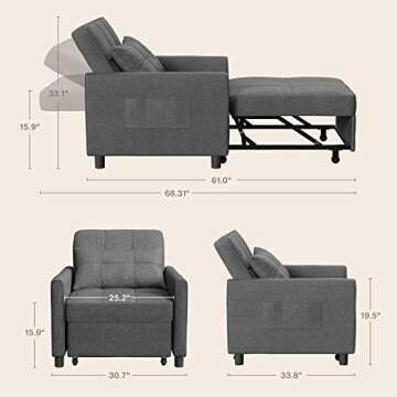 Aiho Convertible Sleeper Chair with Pillow & Pocket, 3-in-1 Sofa Bed in Modern Linen Fabric for Apartment, Dark Gray