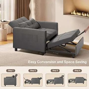 Aiho Convertible Sleeper Chair with Pillow & Pocket, 3-in-1 Sofa Bed in Modern Linen Fabric for Apartment, Dark Gray