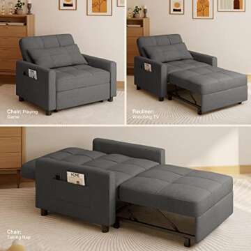 Aiho Convertible Sleeper Chair with Pillow & Pocket, 3-in-1 Sofa Bed in Modern Linen Fabric for Apartment, Dark Gray