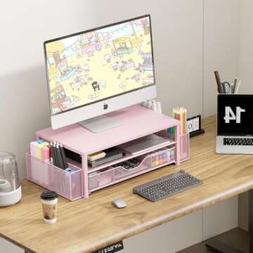 OPNICE 2-Tier Monitor Stand with Drawer & Pen Holders