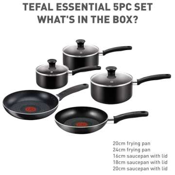 Tefal Essential, Aluminium Pots and Pans Set, 16 cm, 18 cm and 20 cm Saucepans with Lids, 20 cm and 24 cm Frying Pans, Black, B472S545