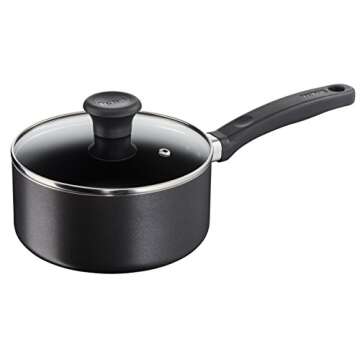 Tefal Essential, Aluminium Pots and Pans Set, 16 cm, 18 cm and 20 cm Saucepans with Lids, 20 cm and 24 cm Frying Pans, Black, B472S545