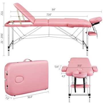 Yaheetech Massage Tables Portable Tattoo Table Adjustable Lash Bed Aluminium 3 Folding Spa Bed with Non-Woven Bag 24 inch Wide Pink