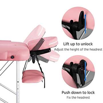 Yaheetech Massage Tables Portable Tattoo Table Adjustable Lash Bed Aluminium 3 Folding Spa Bed with Non-Woven Bag 24 inch Wide Pink