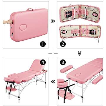 Yaheetech Massage Tables Portable Tattoo Table Adjustable Lash Bed Aluminium 3 Folding Spa Bed with Non-Woven Bag 24 inch Wide Pink