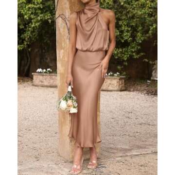 BTFBM Women's Sleeveless Cocktail Dresses Mock Neck Keyhole Elastic High Waist Wedding Guest Evening Party Maxi Dress(Solid Light Khaki, Small)