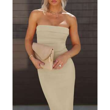 ZESICA Women's 2025 Summer Strapless Bodycon Midi Dress Off Shoulder Strapless Side Slit Tube Long Club Party Dresses,Sand,X-Large