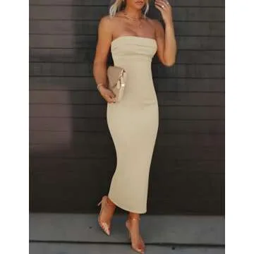 ZESICA Women's 2025 Summer Strapless Bodycon Midi Dress Off Shoulder Strapless Side Slit Tube Long Club Party Dresses,Sand,X-Large