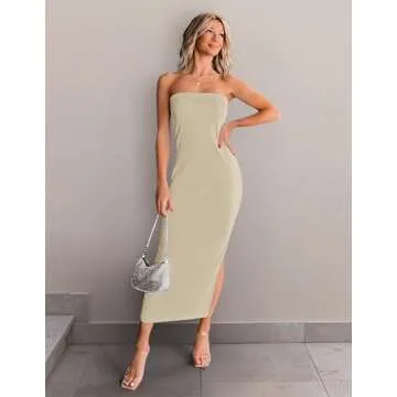 ZESICA Women's 2025 Summer Strapless Bodycon Midi Dress Off Shoulder Strapless Side Slit Tube Long Club Party Dresses,Sand,X-Large