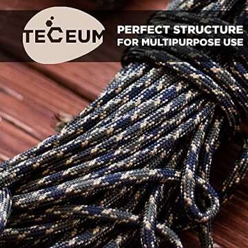 TECEUM Paracord Type IV 750 lb Army Camo – 50 ft – 4mm – 100% Nylon Strong Tactical MIL–SPEC Parachute Cord – Survival Rope Emergency para Cord 11 Strands Core EDC Camping Hiking Military Gear 303a