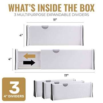 RAPTUROUS Adjustable Drawer Dividers, 4" Tall, Expandable 11-18", 3-Pack, Non-Slip for Dresser, Closet, Kitchen, Nursery, and Office (White)