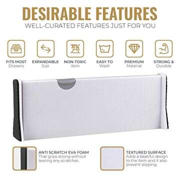 RAPTUROUS Adjustable Drawer Dividers, 4" Tall, Expandable 11-18", 3-Pack, Non-Slip for Dresser, Closet, Kitchen, Nursery, and Office (White)