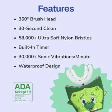 autobrush Kids U Shaped Electric Toothbrush, ADA Accepted, Sonic Pro with Unique 360° Nylon Bristles 3 Cleaning Modes,Whitening LED-Lights,Plays Music (Double-Sided),Ages 3-5, Dinosaur