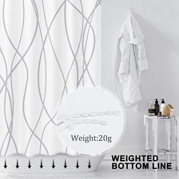 Punkray Grey and White Striped Fabric Shower Curtain for Bathroom with 12 Hooks, Curtains 72 Inches ...