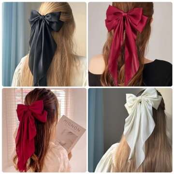 Hair Bows for Women - 3 Pcs Large Ribbon Hair Clips with Long Tail Tassels, Big Hair Barrettes for Girls (Black, Red, Beige)