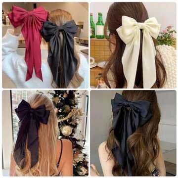 Hair Bows for Women - 3 Pcs Large Ribbon Hair Clips with Long Tail Tassels, Big Hair Barrettes for Girls (Black, Red, Beige)