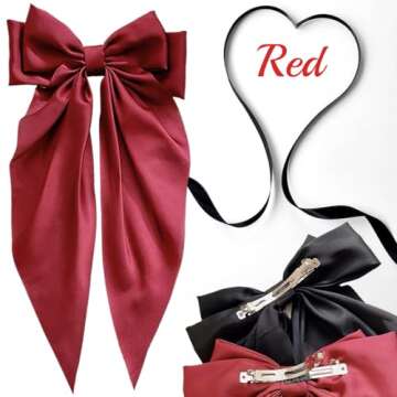 Hair Bows for Women - 3 Pcs Large Ribbon Hair Clips with Long Tail Tassels, Big Hair Barrettes for Girls (Black, Red, Beige)