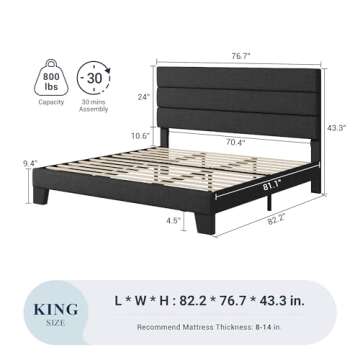 Allewie King Bed Frame Platform Bed with Fabric Upholstered Headboard and Wooden Slats Support, Full...