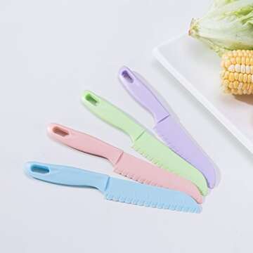 ONUPGO Knives for Kids 5 Pieces Plastic Kitchen Baking Knife Set, Montessori Kitchen Tools for Toddlers-Kids Cooking Sets, Real Kids Safe Cooking Knives in 5 Colors