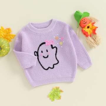 Halloween Outfits Toddler Baby Girl Boy Knit Sweater Boo Pumpkin Long Sleeve Pullover Sweatshirt Fall Winter Clothes (Halloween Purple Ghost A, 0-3 Months)