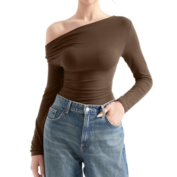 SUUKSESS Off Shoulder Women’s Long Sleeve Cowl Neck Top - Trendy Brown Blouse