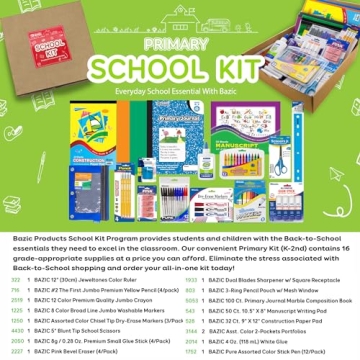 BAZIC School Kit Supply Box 57 Count for Kids K-6 Grades