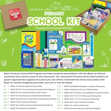 BAZIC School Kit Supply Box 57 Count for Kids K-6 Grades