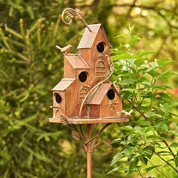 Large Copper Colored Multi-Birdhouse Stakes, Room for 4 Bird Families in Each (Castle Home)