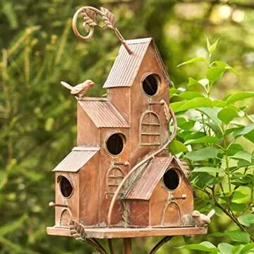 Large Copper Colored Multi-Birdhouse Stakes, Room for 4 Bird Families in Each (Castle Home)