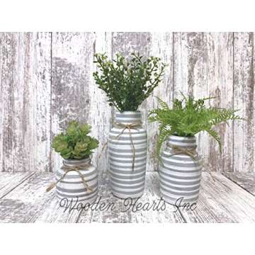 SUCCULENT POTS in Ceramic Pottery bottle vase striped gray white Pot Jar Mini Farmhouse Home Decor Plant Fern Grass Distressed Little Cute Garden Greenery