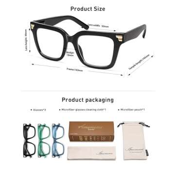 AMOMOMA 3 Pack Retro Oversized Square Reading Glasses for Women Trendy Chunky Blue Light Blocking Readers AM6168 Mix (+1.00 Magnification Strength)