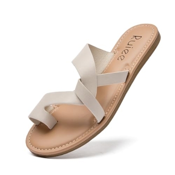 Ruiee Women's Flat Slides Sandals, Summer Flip Flops Comfort Round Open Toe Slip On Strap Thong Beac...