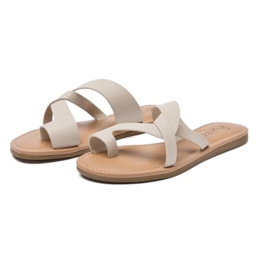 Ruiee Women's Flat Slides Sandals, Summer Flip Flops Comfort Round Open Toe Slip On Strap Thong Beach Shoes for Women.(LR22003,Beige,Size11)