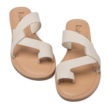 Ruiee Women's Flat Slides Sandals, Summer Flip Flops Comfort Round Open Toe Slip On Strap Thong Beach Shoes for Women.(LR22003,Beige,Size11)