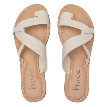 Ruiee Women's Flat Slides Sandals, Summer Flip Flops Comfort Round Open Toe Slip On Strap Thong Beach Shoes for Women.(LR22003,Beige,Size11)