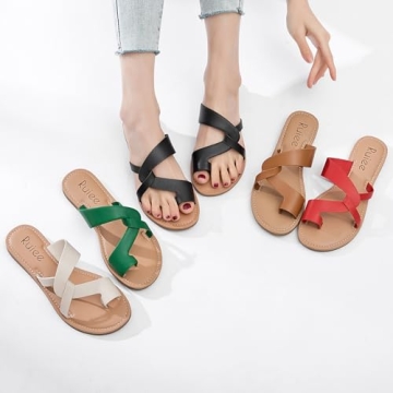 Ruiee Women's Flat Slides Sandals, Summer Flip Flops Comfort Round Open Toe Slip On Strap Thong Beach Shoes for Women.(LR22003,Beige,Size11)