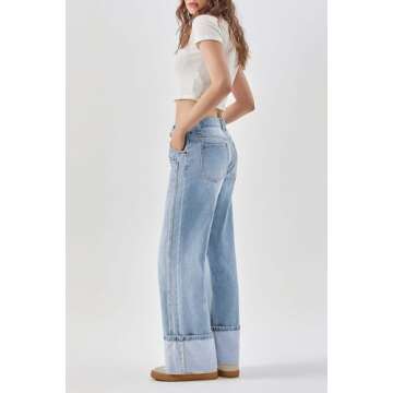 PLNOTME Womens Baggy Jeans Boyfriend Wide Leg Trendy Casual Mid Rise Cuffed Hem Denim Pants with Poc...