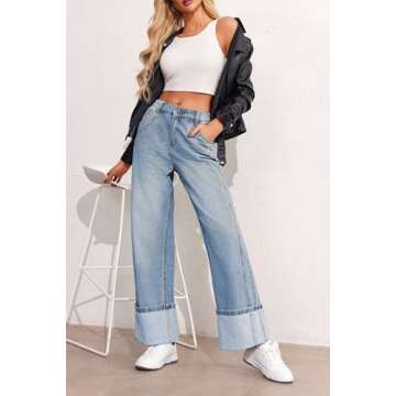 PLNOTME Womens Baggy Jeans Boyfriend Wide Leg Trendy Casual Mid Rise Cuffed Hem Denim Pants with Pockets Light Blue