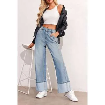 PLNOTME Womens Baggy Jeans Boyfriend Wide Leg Trendy Casual Mid Rise Cuffed Hem Denim Pants with Pockets Light Blue