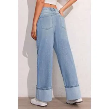 PLNOTME Womens Baggy Jeans Boyfriend Wide Leg Trendy Casual Mid Rise Cuffed Hem Denim Pants with Pockets Light Blue